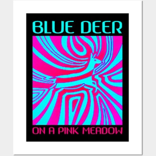Blue deer on a pink meadow Posters and Art